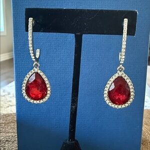 Elegant silver crystal Garnet Red Teardrop Earrings 2 inches long NEW